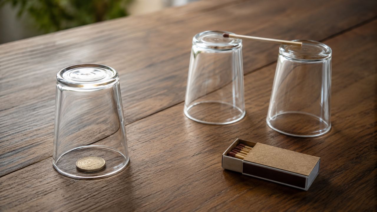 Moeda parcialmente visível sob um copo de vidro virado, com um palito apoiado entre dois copos e uma caixa de fósforos sobre uma mesa de madeira