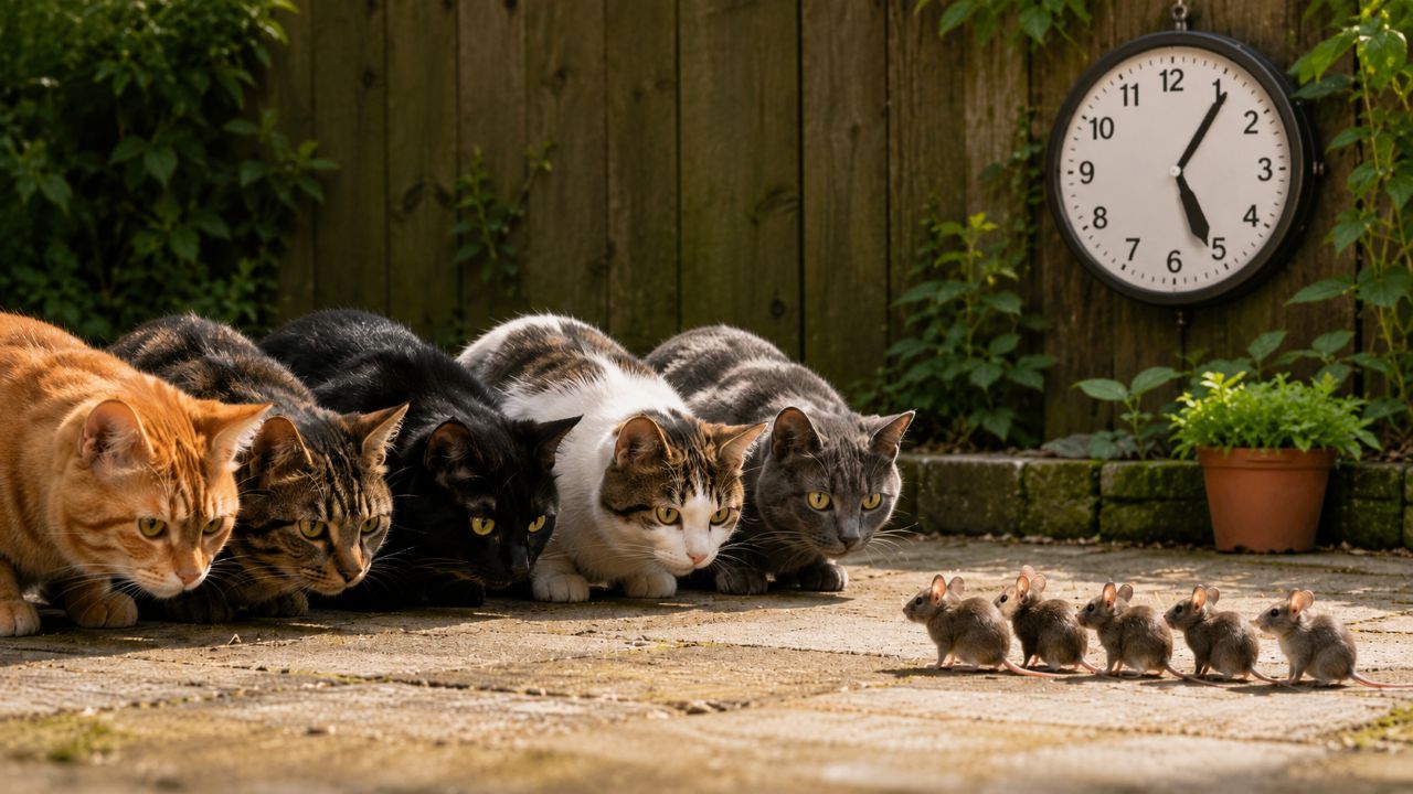 Cinco gatos alinhados diante de cinco ratos em um quintal simples, com um relógio ao fundo marcando cinco minutos.