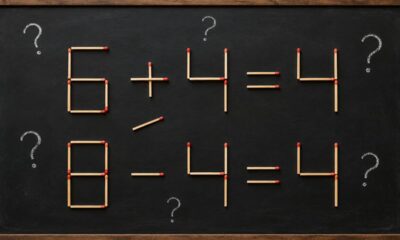 Desafio visual com palitos mostra como um único movimento pode transformar a equação 6 + 4 = 4 em 8 - 4 = 4.