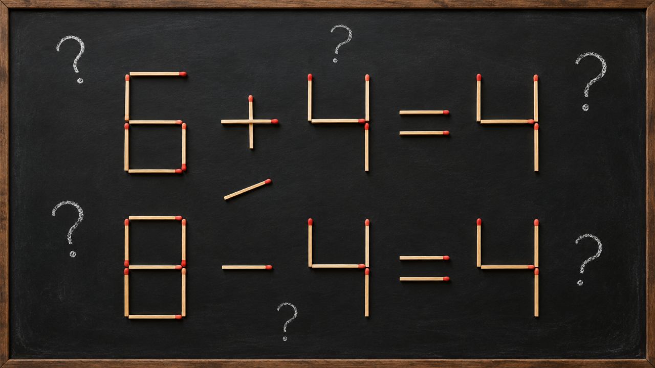 Desafio visual com palitos mostra como um único movimento pode transformar a equação 6 + 4 = 4 em 8 - 4 = 4.