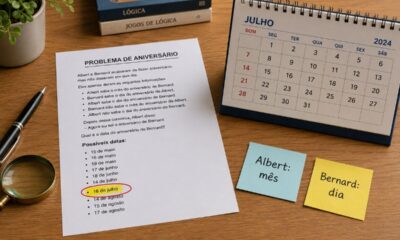 Mesa com lista de possíveis datas de aniversário, calendário aberto em julho e anotações “Albert: mês” e “Bernard: dia”, com 16 de julho destacada
