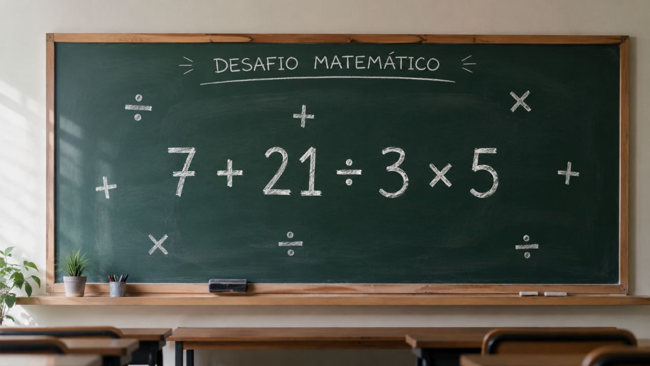 Lousa verde em uma sala de aula com a expressão “7 + 21 ÷ 3 × 5” escrita em destaque e símbolos de adição, divisão e multiplicação ao redor, sem exibir o resultado