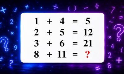 Sequência matemática com as operações 1 + 4 = 5, 2 + 5 = 12, 3 + 6 = 21 e 8 + 11 igual a interrogação, cercada por símbolos matemáticos em fundo azul e roxo.