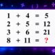 Sequência matemática com as operações 1 + 4 = 5, 2 + 5 = 12, 3 + 6 = 21 e 8 + 11 igual a interrogação, cercada por símbolos matemáticos em fundo azul e roxo.
