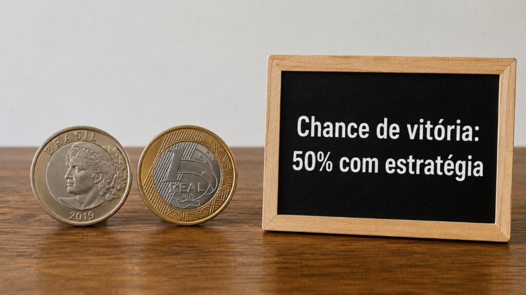 Duas moedas brasileiras lado a lado sobre uma mesa, uma mostrando cara e outra coroa, ao lado de um quadro com a frase “Chance de vitória: 50% com estratégia”