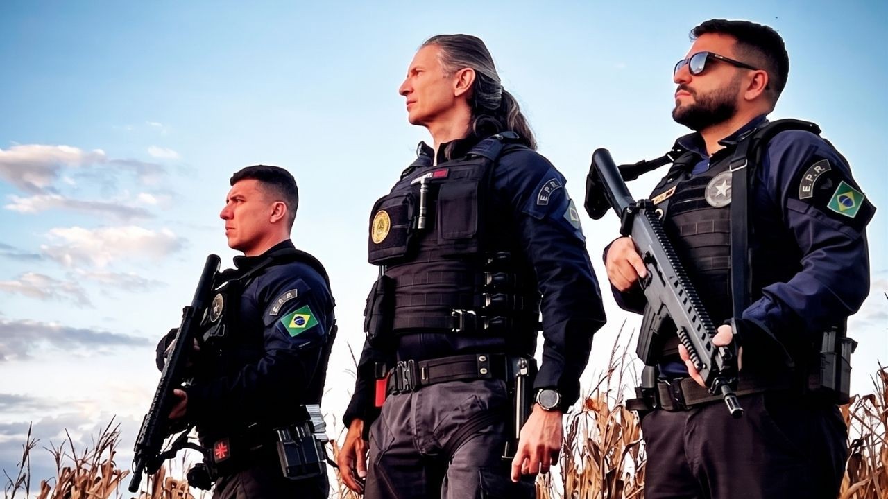 Três agentes uniformizados, com fuzis, coletes táticos e patches da bandeira do Brasil.