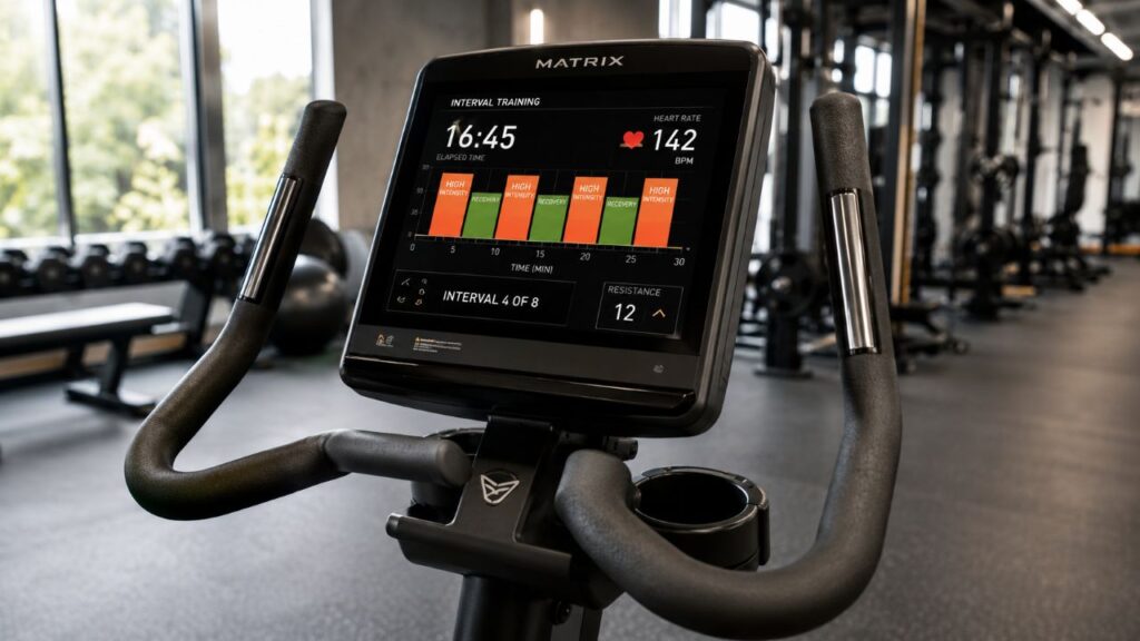 Bicicleta ergométrica em academia limpa e moderna, com painel digital mostrando tempo de treino, frequência cardíaca e blocos de intensidade e recuperação, sem pess