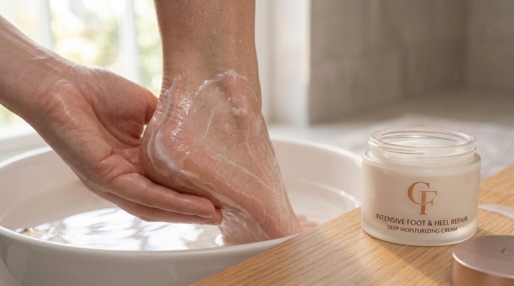 Mãos aplicando creme hidratante em um calcanhar durante massagem suave