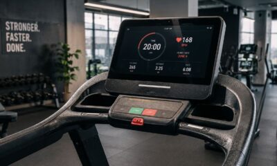 Esteira de academia com painel marcando 20 minutos de treino intenso, frequência cardíaca elevada e suor visível no equipamento.