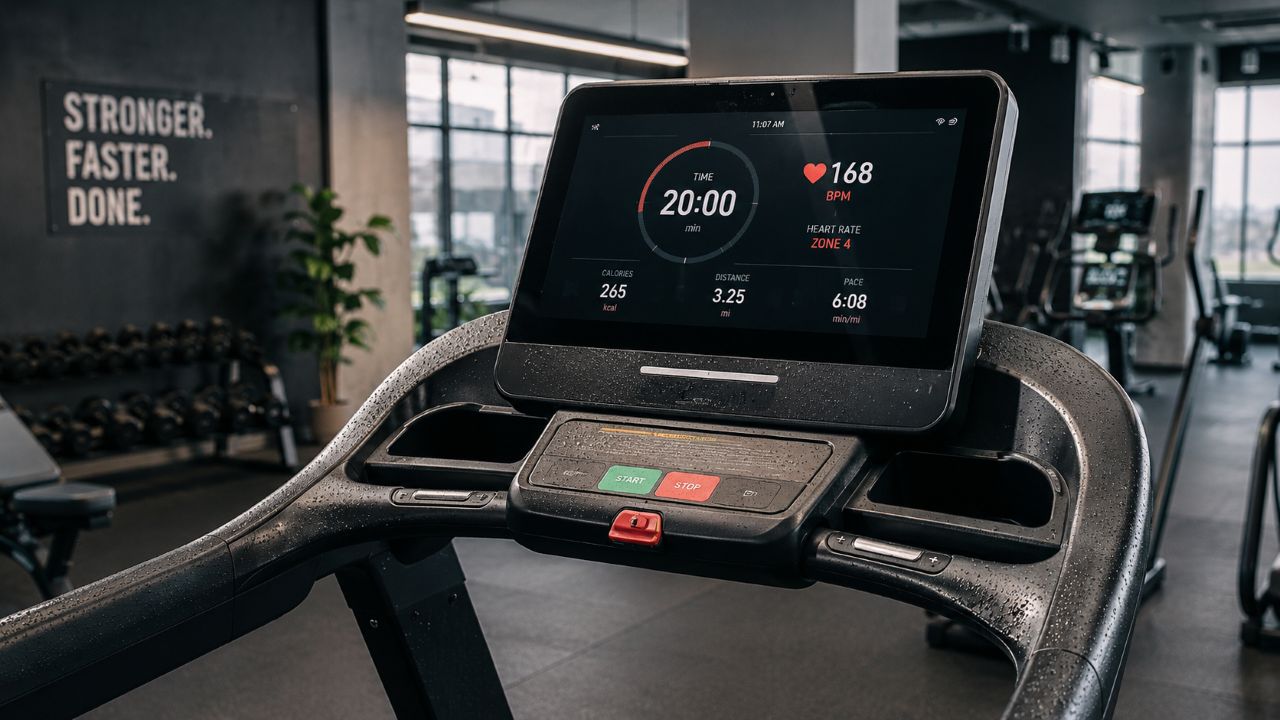 Esteira de academia com painel marcando 20 minutos de treino intenso, frequência cardíaca elevada e suor visível no equipamento.