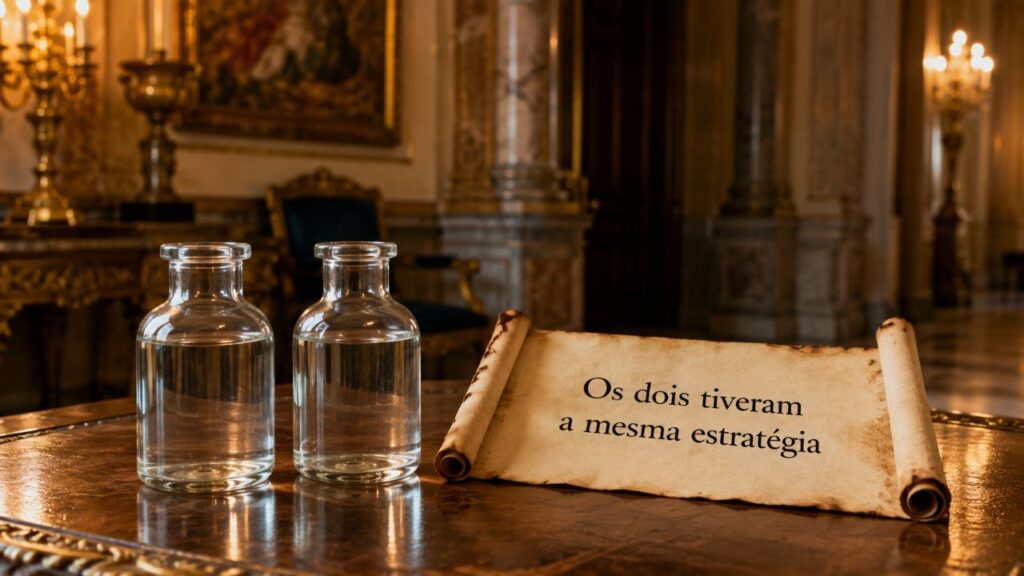 Dois pequenos frascos de vidro cheios de água sobre uma mesa de madeira