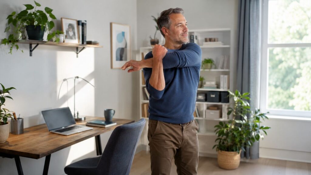 Homem de meia-idade em pé ao lado de uma mesa de trabalho, alongando o braço em um escritório doméstico organizado, com notebook, cadeira, plantas e luz natural.