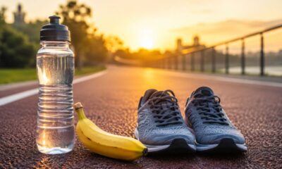 Garrafa de água, banana e par de tênis de corrida sobre pista ao amanhecer, simbolizando preparo para treino com energia.