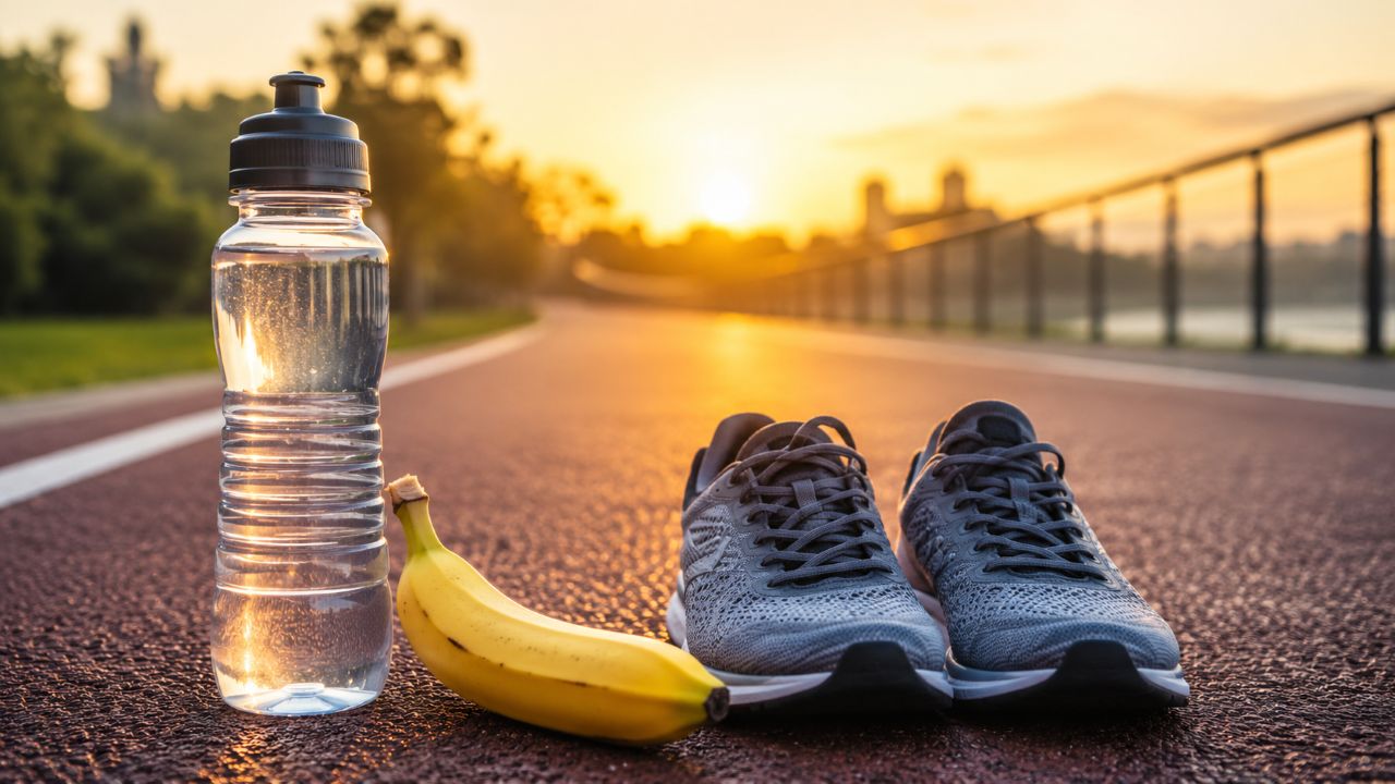 Garrafa de água, banana e par de tênis de corrida sobre pista ao amanhecer, simbolizando preparo para treino com energia.