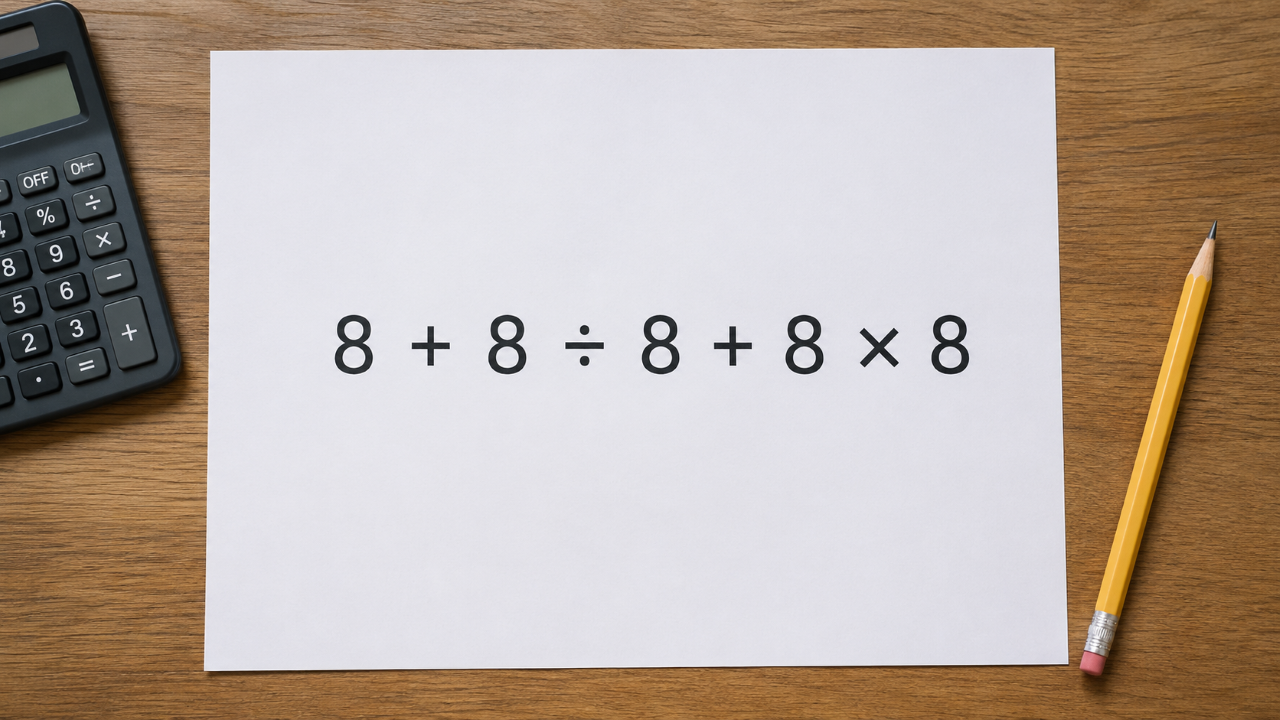 Folha branca sobre mesa de madeira com a expressão “8 + 8 ÷ 8 + 8 × 8” escrita em destaque, uma calculadora simples à esquerda e um lápis amarelo à direita, em ambiente bem iluminado.