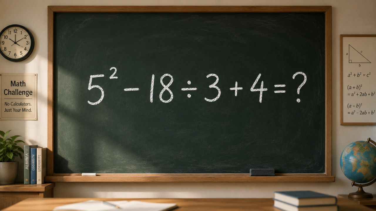 Lousa verde em sala de aula com a expressão 5² − 18 ÷ 3 + 4 = ? escrita em giz branco.
