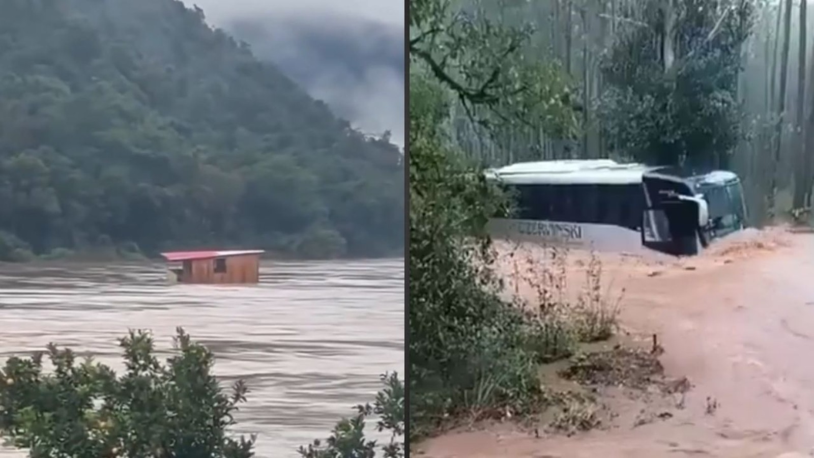 Casa de madeira flutuando em rio e ônibus "CZERWINSKI" submerso em enchente com árvores