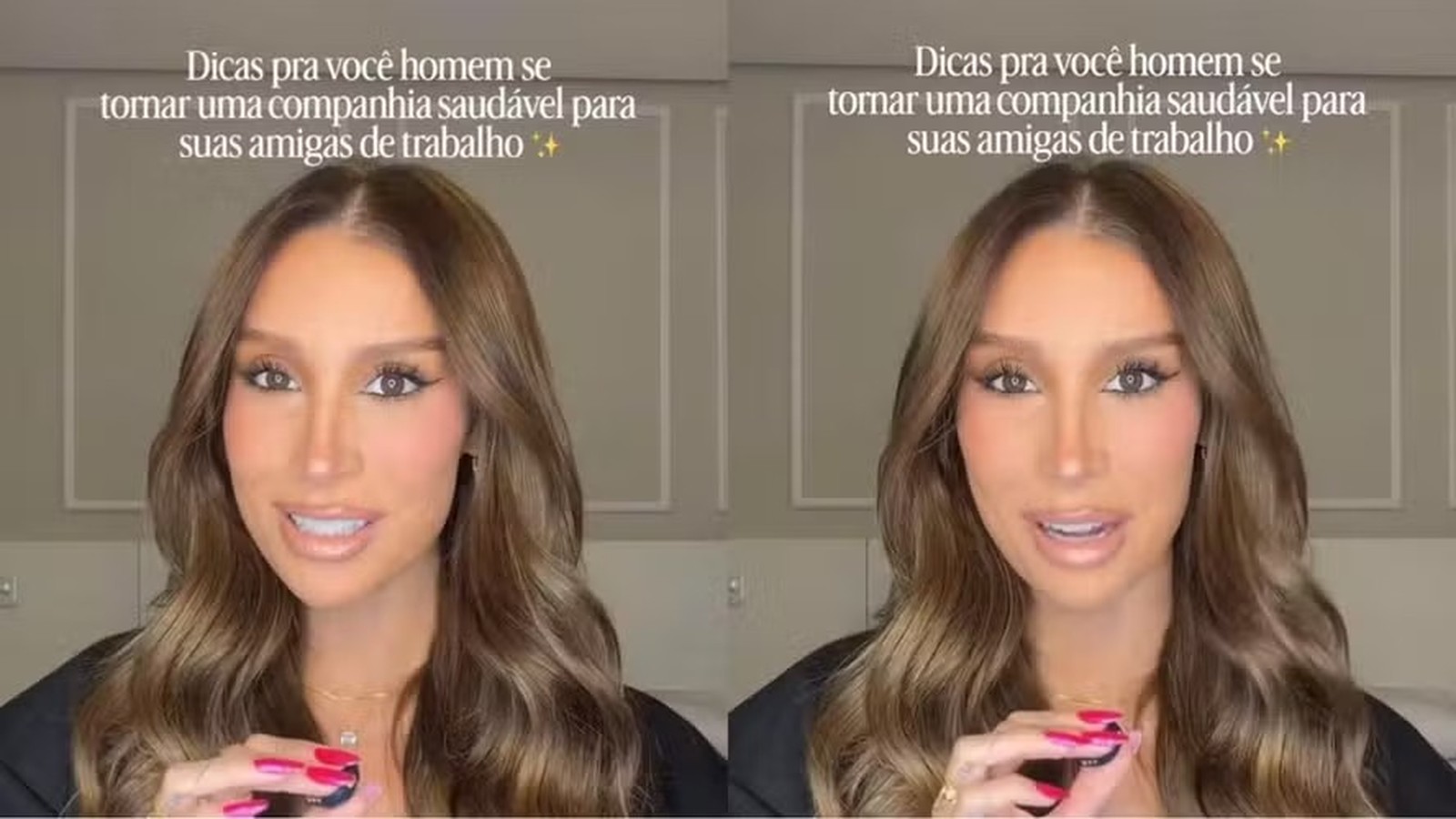 Bianca Andrade sorrindo, com cabelo castanho, e texto com dicas de trabalho