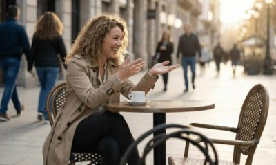 Mulher com cabelo cacheado sorri e gesticula em mesa de café na rua