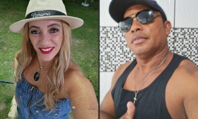 Retratos lado a lado de mulher loira de chapéu e homem com boné e óculos escuros
