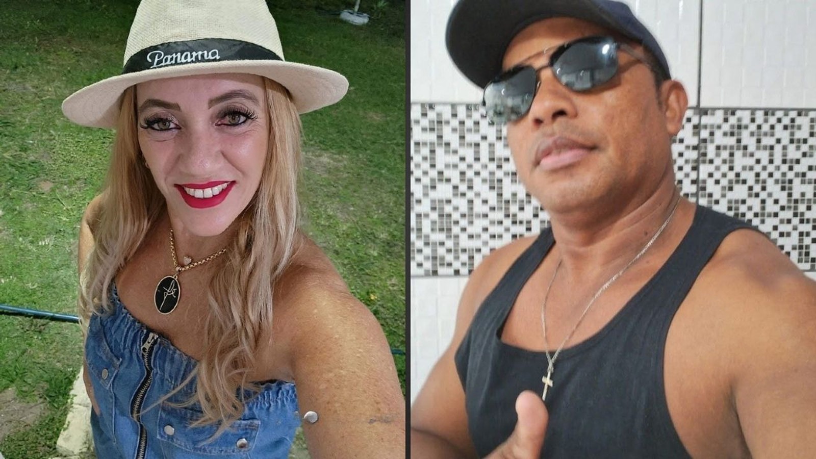 Retratos lado a lado de mulher loira de chapéu e homem com boné e óculos escuros