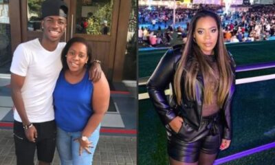 Foto dividida com Vini Jr. e mãe sorrindo, e irmã Alessandra de jaqueta de couro posando.