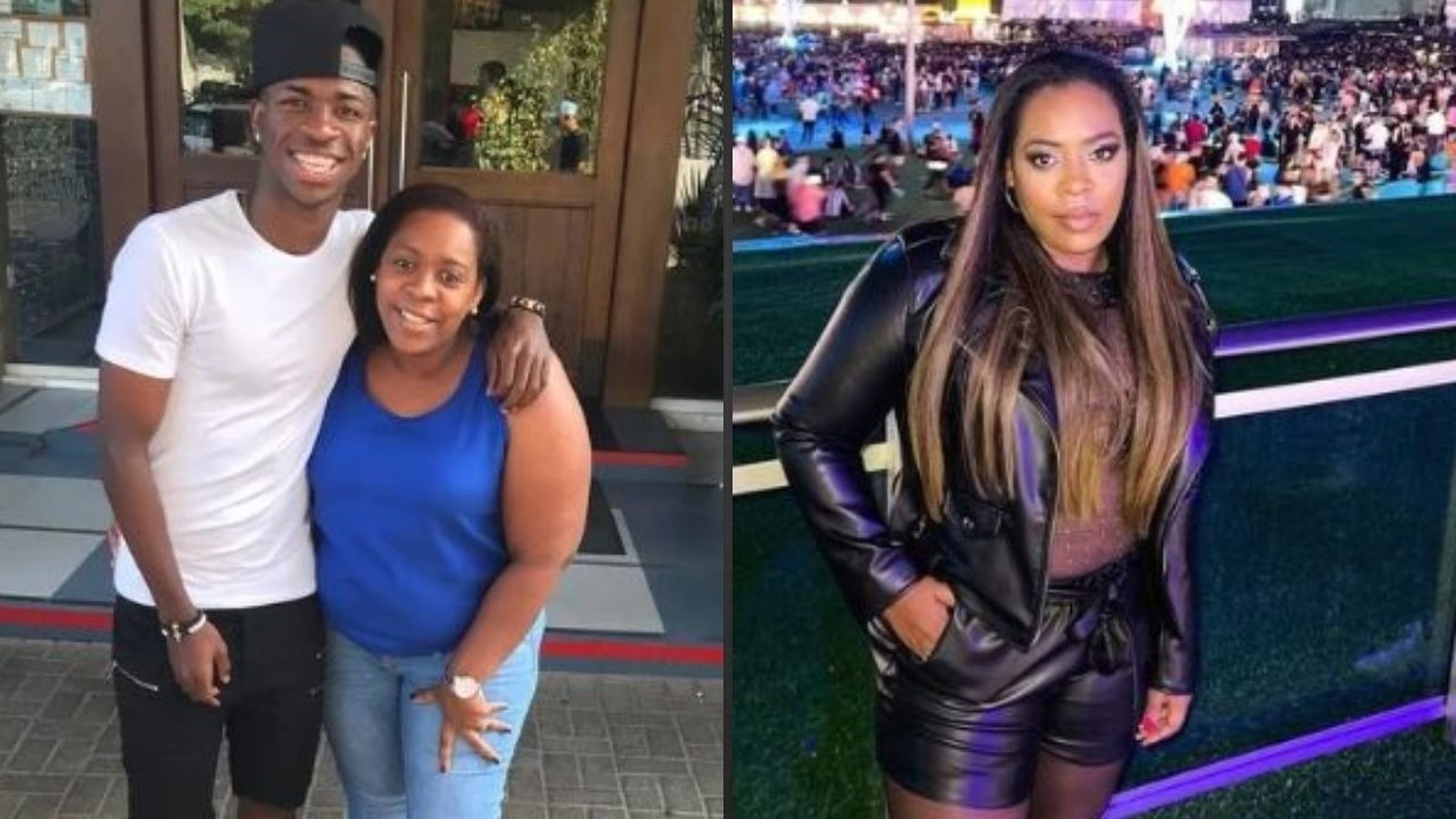 Foto dividida com Vini Jr. e mãe sorrindo, e irmã Alessandra de jaqueta de couro posando.