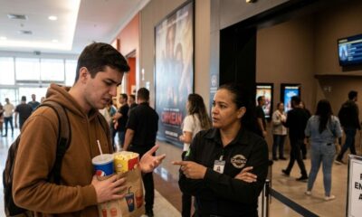 Homem com pipoca e refrigerante fala com mulher uniformizada de cinema que aponta para ele