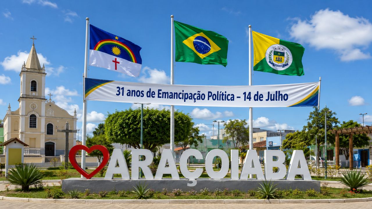 Praça central de Araçoiaba, em Pernambuco, com monumento da cidade, bandeiras do Brasil, de Pernambuco e do município, além de faixa pelos 31 anos de emancipação política em 14 de julho.