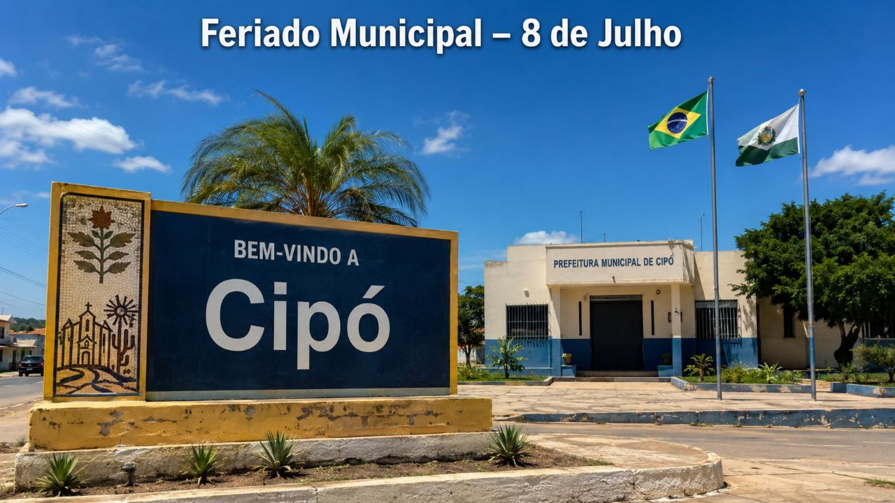 Placa de entrada de Cipó, na Bahia, com a prefeitura municipal fechada ao fundo, bandeiras hasteadas e texto no topo indicando “Feriado Municipal – 8 de Julho”, em cenário ensolarado do sertão baiano.