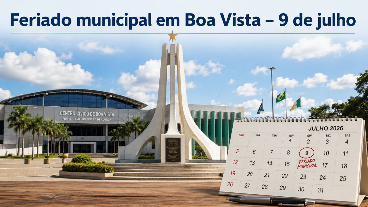 Vista do Centro Cívico de Boa Vista, em Roraima, com monumento da Praça do Centro Cívico em destaque e calendário aberto marcando 9 de julho de 2026 como feriado municipal.