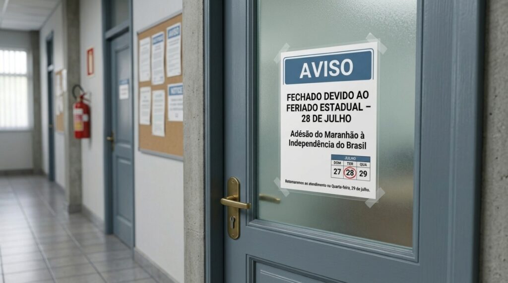 Entrada de uma repartição pública com placa informando "Fechado devido ao feriado estadual – 28 de julho" e um calendário indicando terça-feira.