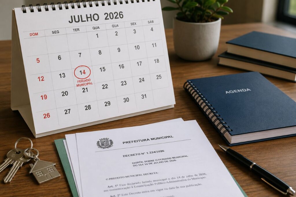 Calendário de julho de 2026 com o dia 14 marcado como feriado municipal, acompanhado de documentos, agenda, caneta e chaves em uma mesa de madeira.