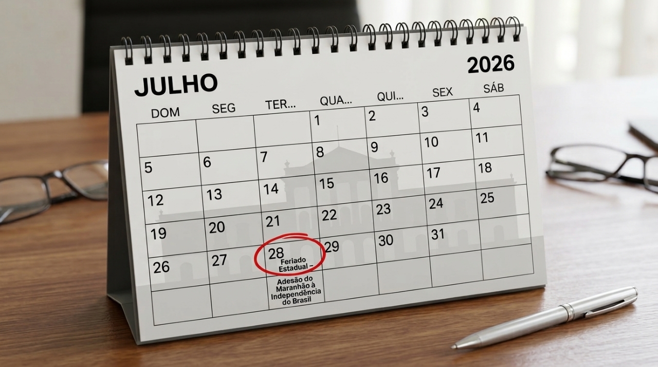 Calendário marcando 28 de julho de 2026 como feriado estadual, com a inscrição "Feriado Estadual – Adesão do Maranhão à Independência do Brasil" e o Palácio dos Leões ao fundo