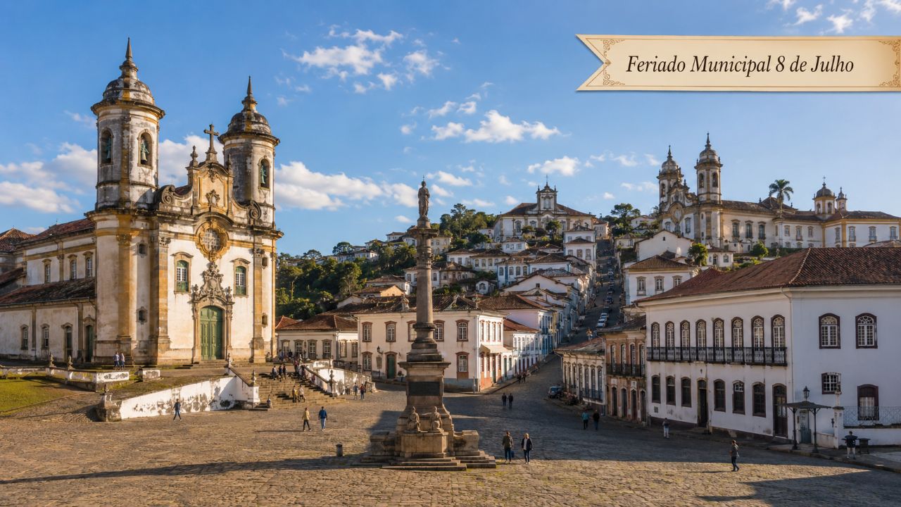 Centro histórico de Ouro Preto em dia ensolarado, com a Praça Tiradentes em destaque, igrejas barrocas, casarões coloniais nas ladeiras de pedra e faixa escrita “Feriado Municipal 8 de Julho”.