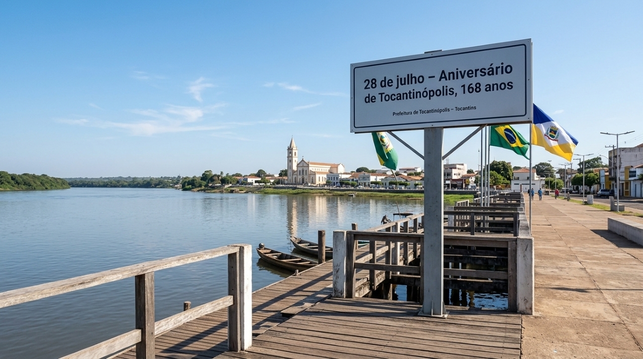 Vista do cais de Tocantinópolis às margens do rio Tocantins, com a cidade e a Catedral de Nossa Senhora da Consolação ao fundo e placa indicando os 168 anos do município