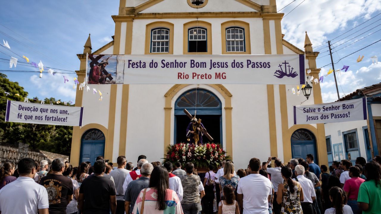 Igreja da Paróquia Nosso Senhor dos Passos, em Rio Preto (MG), com a imagem do Senhor Bom Jesus dos Passos na entrada, faixas da festa e fiéis reunidos para a celebração religiosa.