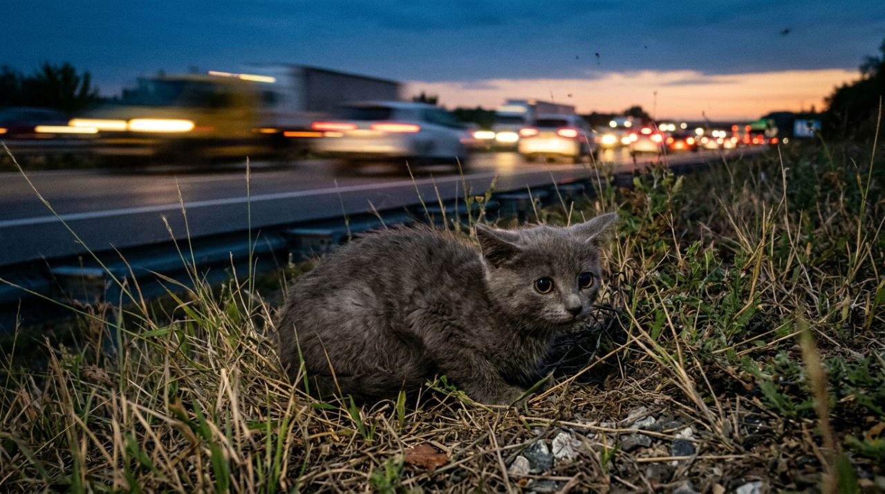 Gatinho assustado salvo no meio da rodovia muda a vida de família após incêndio