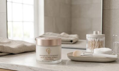 Frasco de hidratante facial ao lado de um espelho sobre uma bancada de banheiro, com destaque para ingredientes como ácido hialurônico e ceramidas, representando cuidados diários para pele madura