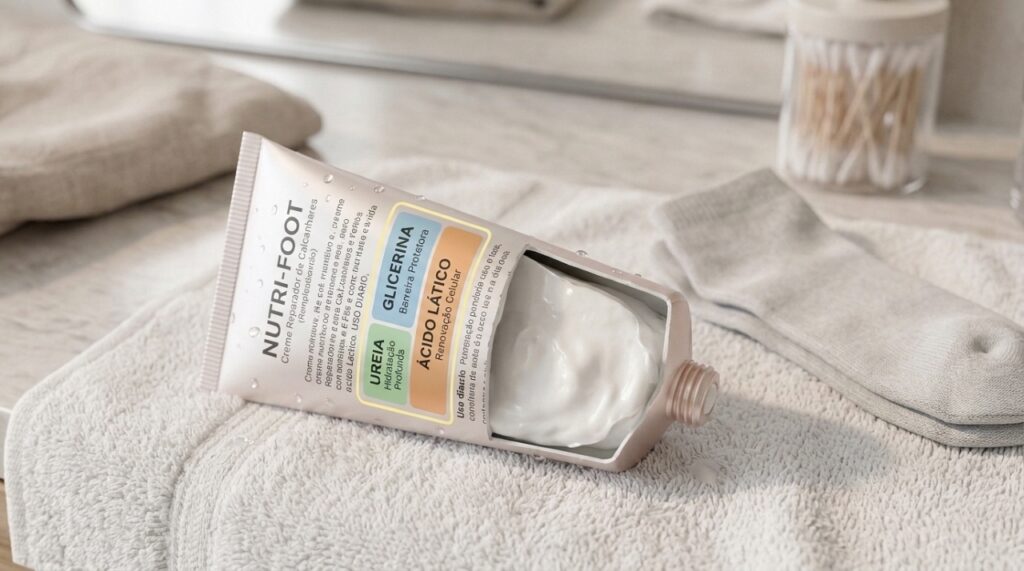 Creme para os pés com ureia, glicerina e ácido lático ao lado de uma meia de algodão