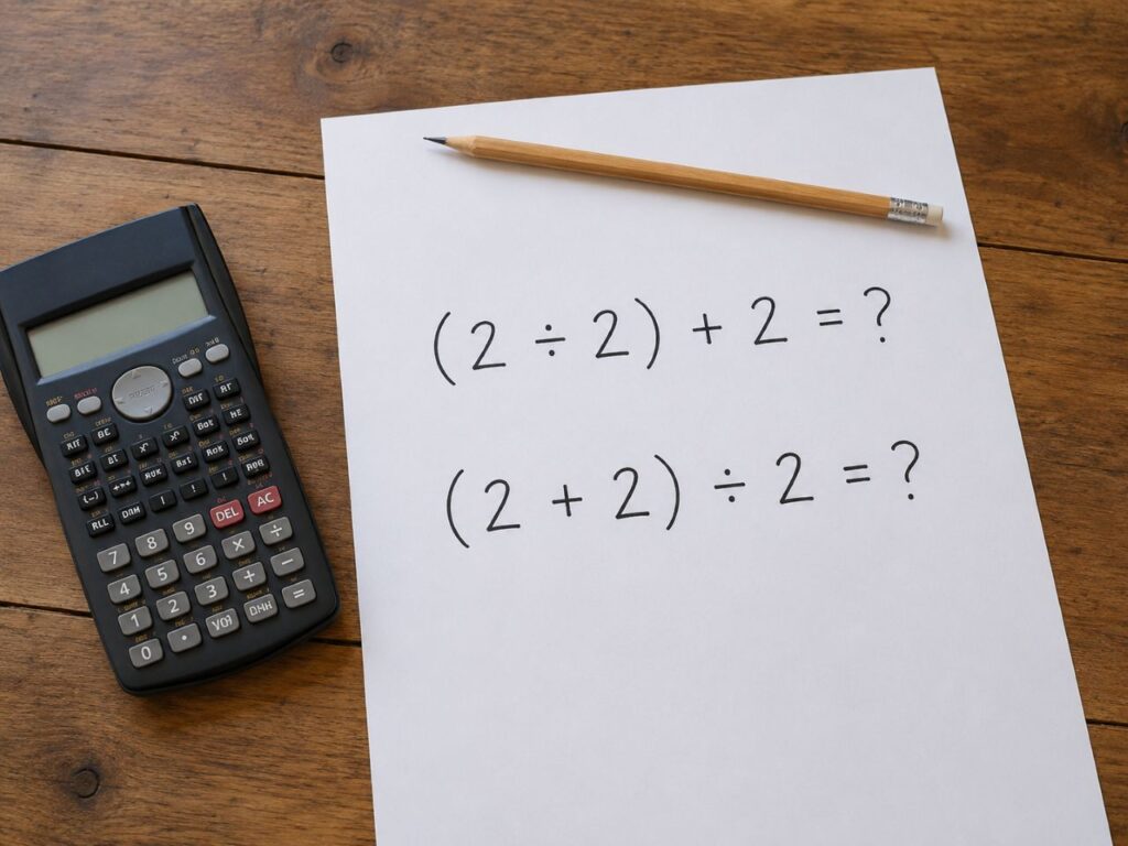 Imagem realista de uma folha branca A4 sobre uma mesa de madeira, com as expressões “(2 ÷ 2) + 2 = ?” e “(2 + 2) ÷ 2 = ?” escritas à mão, um lápis sobre a folha e uma calculadora preta ao lado.