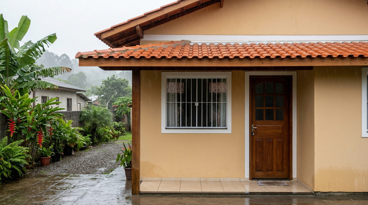 Esse beiral simples ajuda a evitar respingos, manchas e umidade nas paredes externas da casa