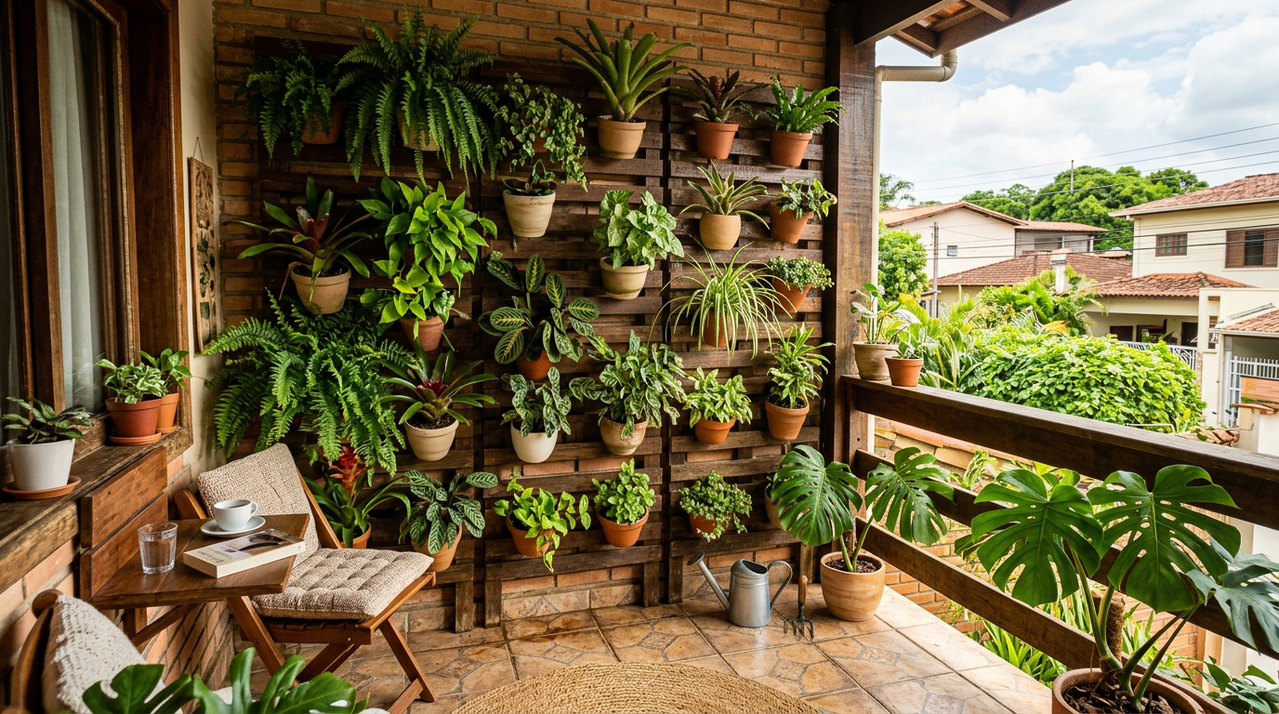 Essa parede verde simples transforma varandas pequenas e deixa o ambiente mais fresco o ano inteiro