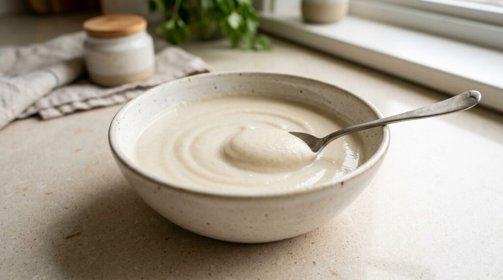 Tigela com pasta cremosa de iogurte natural e aveia bem triturada, com colher ao lado sobre uma bancada clara