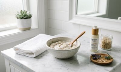 Tigela com máscara de iogurte natural e aveia bem triturada ao lado de uma toalha branca e um hidratante facial em bancada de banheiro