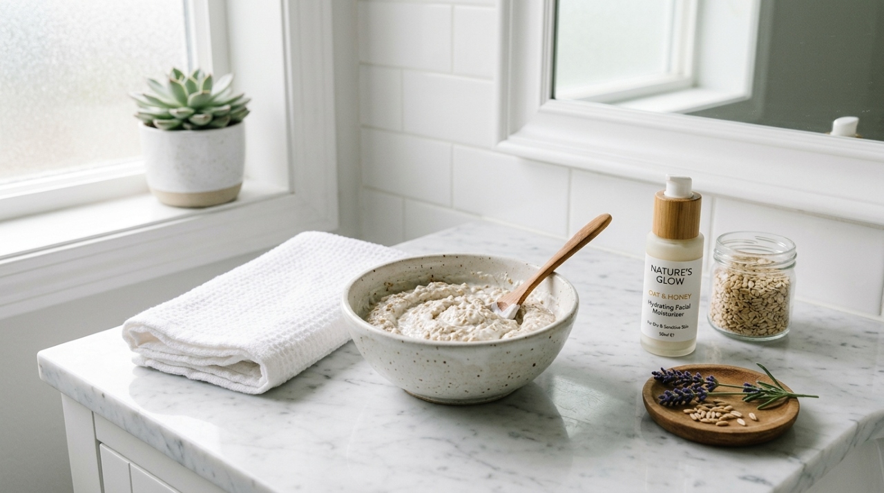 Tigela com máscara de iogurte natural e aveia bem triturada ao lado de uma toalha branca e um hidratante facial em bancada de banheiro