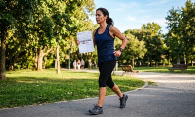 Mulher de aproximadamente 45 anos caminhando rapidamente em um parque enquanto segura um exame com a indicação "Colesterol LDL alto". A cena representa o início de uma rotina de exercícios para ajudar no controle do colesterol.