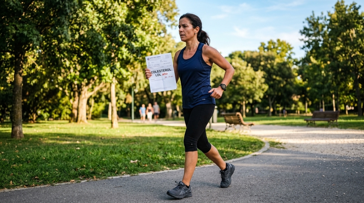 Mulher de aproximadamente 45 anos caminhando rapidamente em um parque enquanto segura um exame com a indicação "Colesterol LDL alto". A cena representa o início de uma rotina de exercícios para ajudar no controle do colesterol.