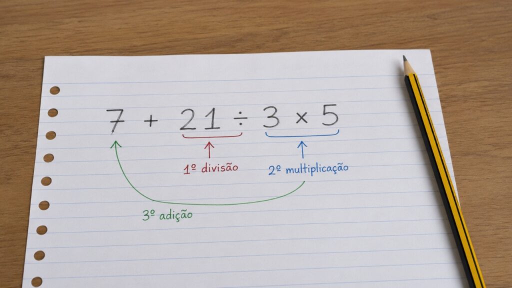 Folha de caderno com a expressão “7 + 21 ÷ 3 × 5” escrita à mão, acompanhada de setas que destacam primeiro a divisão, depois a multiplicação e por fim a adição, com um lápis ao lado e sem mostrar o resultado