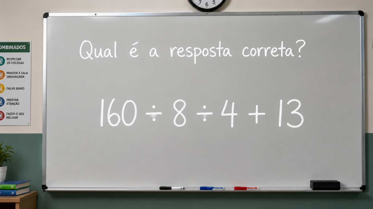 Quadro branco em uma sala de aula com a frase “Qual é a resposta correta?” e a expressão matemática 160 ÷ 8 ÷ 4 + 13 escrita em destaque.
